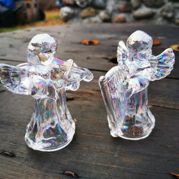 Pair of Iridescent Glass Angels Cherubs Playing Instruments Candle Holders - Picture 4 of 16